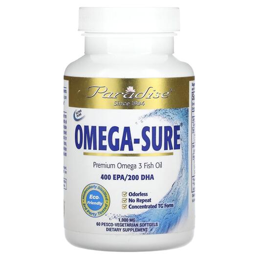 Основное фото товара Омега 3, Omega Sure Omega-3 Concentrate1000 mg, 60 капсул Pesco