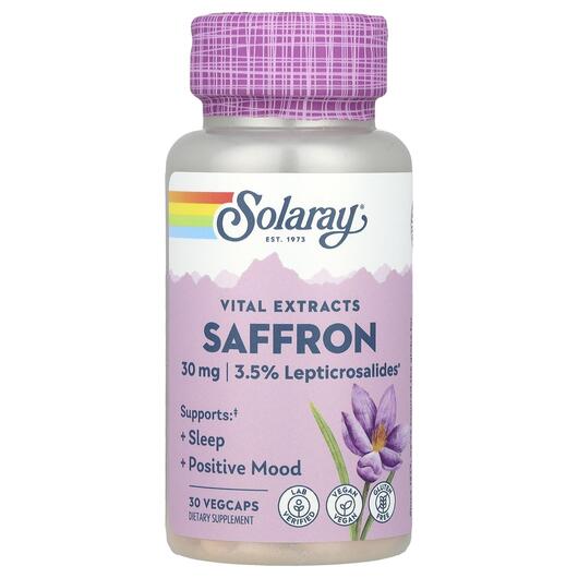 Основное фото товара Solaray, Шафран, Vital Extracts Saffron 30 mg, 30 капсул