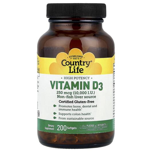 Основне фото товара Vitamin D3 High Potency 250 mcg 10000 IU, Вітамін D3, 200 капсул
