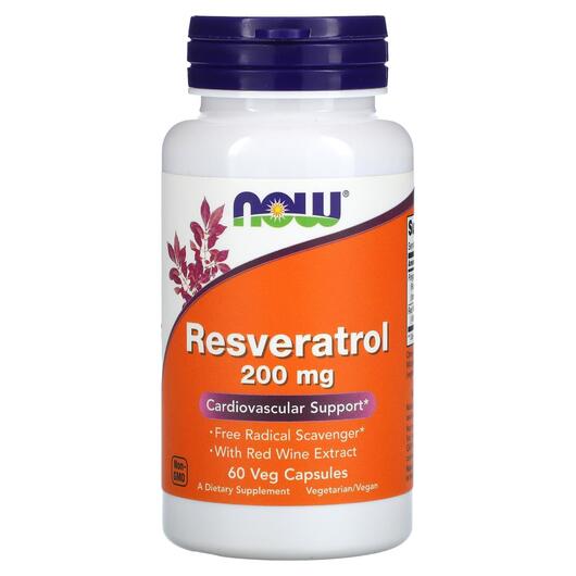 Основное фото товара NOW, Ресвератрол 200 мг, Natural Resveratrol 200 mg, 60 капсул