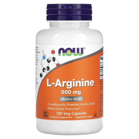 Основное фото товара NOW, L-Аргинин 500 мг, L-Arginine 500 mg, 100 капсул