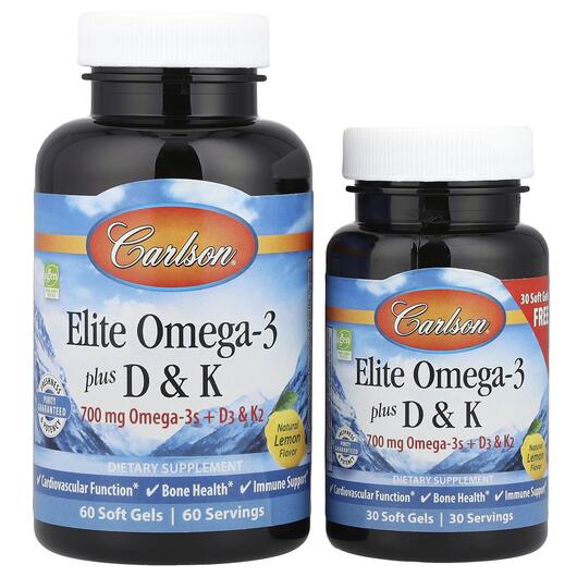 Основное фото товара Carlson, Омега 3, Elite Omega-3 Plus D & K 60+, 30 мягких гел
