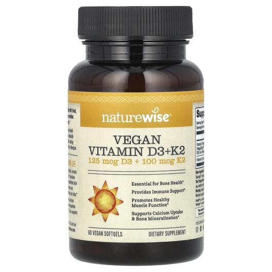 Основное фото товара Naturewise, Витамины D3 + K2, Vegan Vitamin D3 + K2, 60 капсул