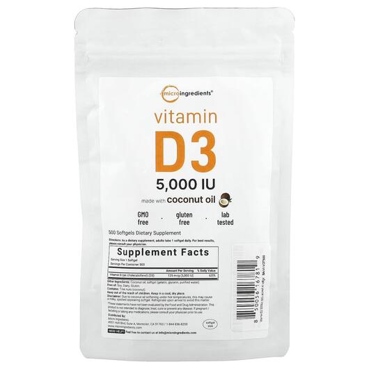 Основное фото товара Micro Ingredients, Витамин D3, Vitamin D3 5000 IU, 500 капсул