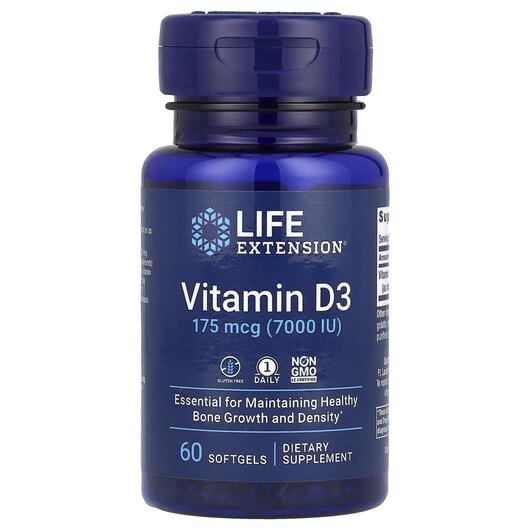Основное фото товара Life Extension, Витамин D3, Vitamin D3 175 mcg 7000 IU, 60 капсул