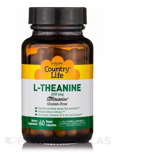 Основное фото товара Country Life, L-Теанин, L-Theanine 200 mg with B-6, 60 капсул