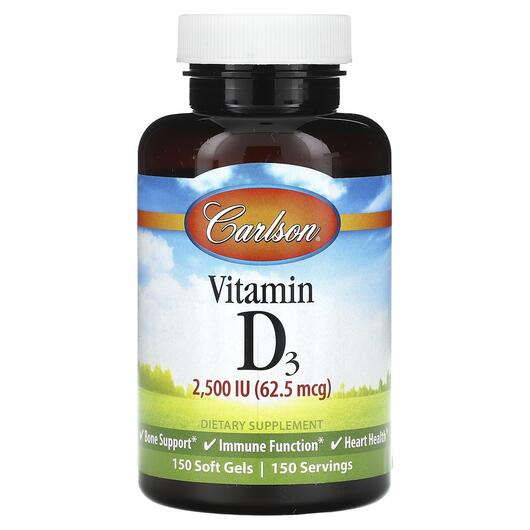 Основное фото товара Carlson, Витамин D3, Vitamin D3 62.5 mcg 2500 IU, 150 капсул