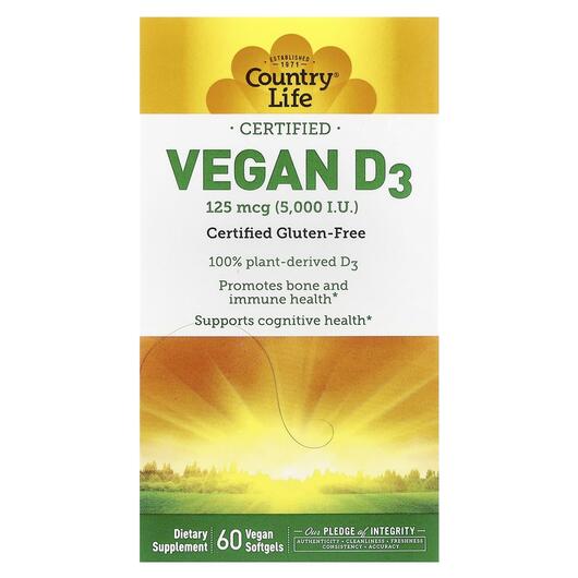 Основне фото товара Country Life, Vegan D3 5000 IU, Вітамін D3, 60 капсул