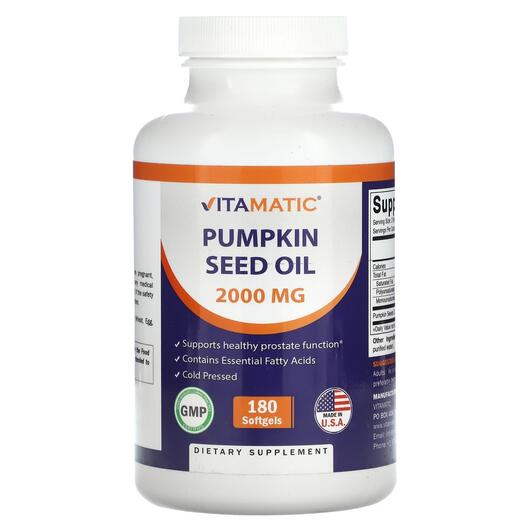 Основное фото товара Vitamatic, Тыквенное масло, Pumpkin Seed Oil 1000 mg, 180 капсул