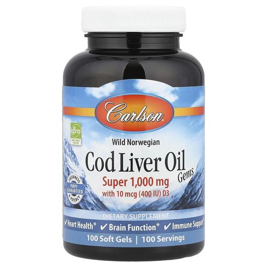 Основное фото товара Масло печени трески, Cod Liver Oil Gems Super 1000 mg, 100 капсул