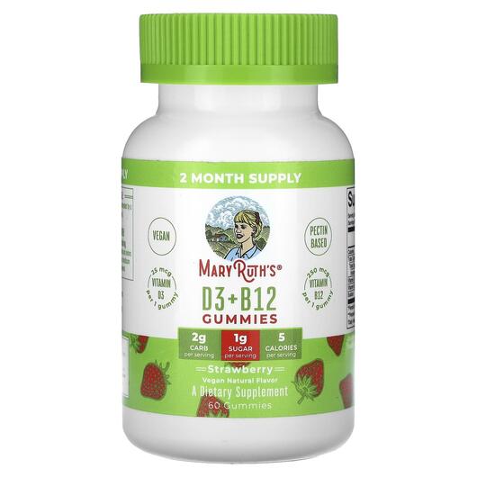 Основне фото товара MaryRuth's, D3 + B12 Gummies Strawberry, Вітамін D3, 60 табл