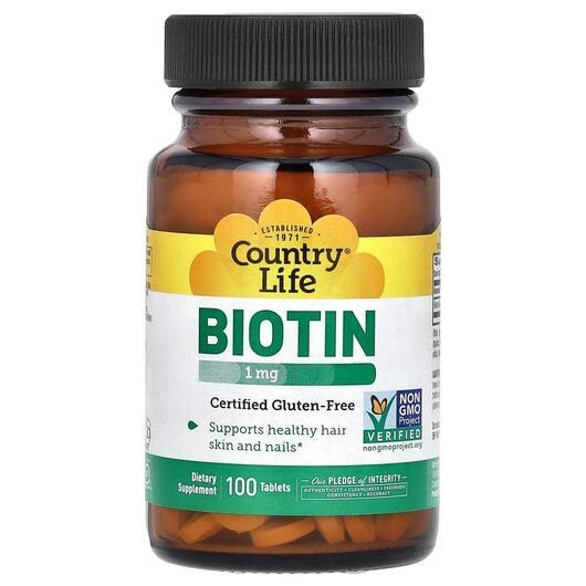Основное фото товара Country Life, Витамин B7 Биотин, Biotin 1000 mcg, 100 таблеток