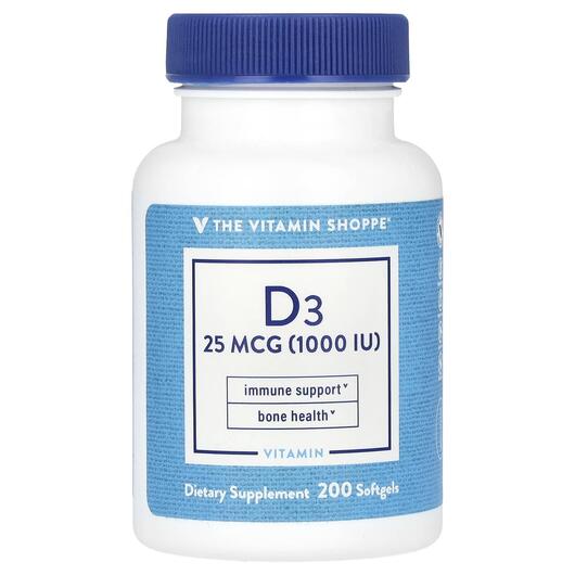 Основное фото товара Витамин D3, Vitamin D3 25 mcg 1000 IU, 200 капсул