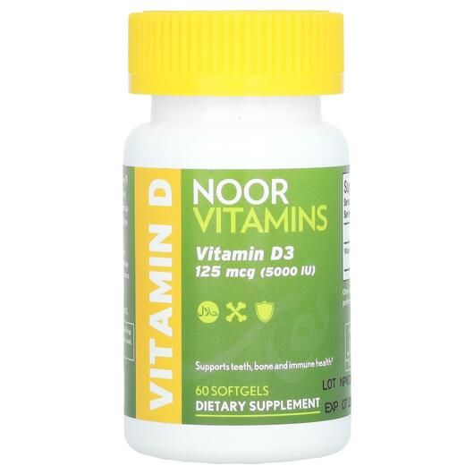Основное фото товара Noor Vitamins, Витамин D3, Vitamin D3 125 mcg 5000 IU, 60 капсул