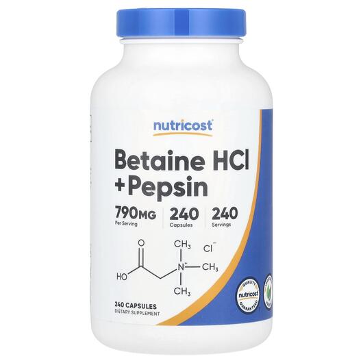 Основное фото товара Nutricost, Бетаин гидрохлорид, Betaine HCl + Pepsin, 240 капсул