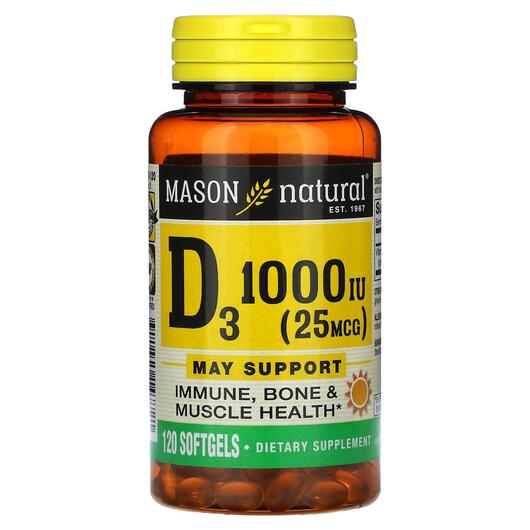 Основне фото товара Mason, Vitamin D3 25 mcg 1000 IU, Вітамін D3, 120 капсул