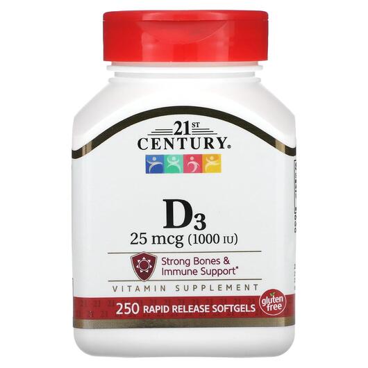Основное фото товара Витамин D, Vitamin D3 25 mcg 1000 IU, 250 Rapid Release Softgels