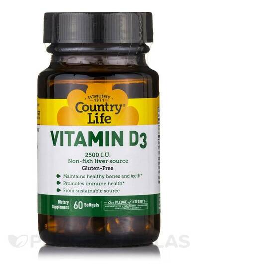Основне фото товара Country Life, Vitamin D3 2500 IU, Вітамін D3, 60 капсул