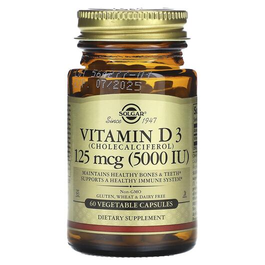 Основне фото товара Vitamin D3 Cholecalciferol 125 mcg 5000 IU, Вітамін D3, 60 капсул