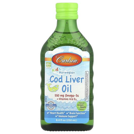 Основное фото товара Масло печени трески, Kids Cod Liver Oil Green Apple, 250 мл