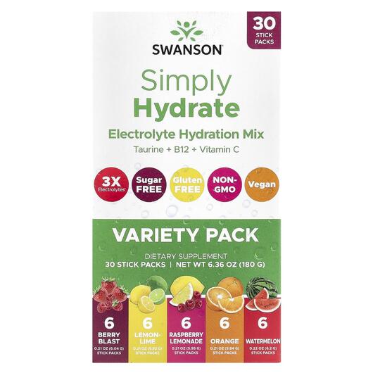 Основне фото товара Simply Hydrate Electrolyte Hydration Mix Variety, Електроліти, 30