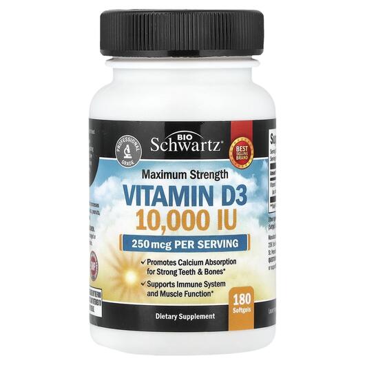 Основне фото товара Maximum Strength Vitamin D3 250 mcg 10000 IU, Вітамін D3, 180 кап