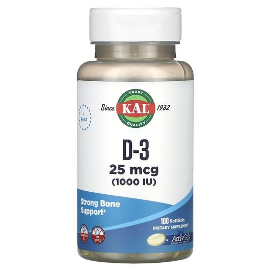 Основне фото товара KAL, D-3 25 mcg 1000 IU, Вітамін D3, 100 SoftGels